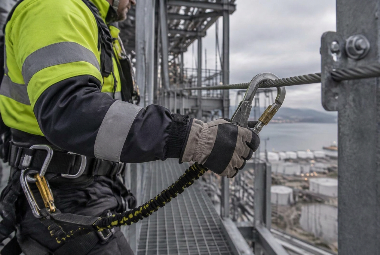 Worker clipping a fall-arrest lanyard to a safety line